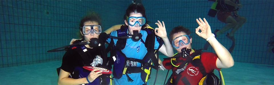 Two try divers in the pool with their Instructor giving the OK signal